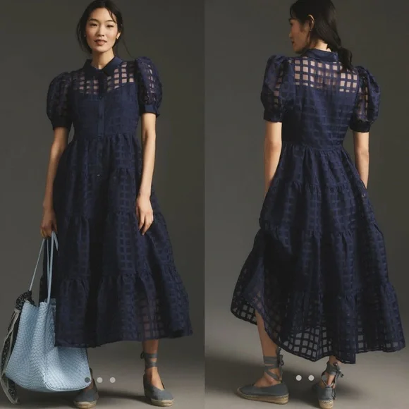 English factory Organza short sleeve button front midi dress - Picture 4 of 11